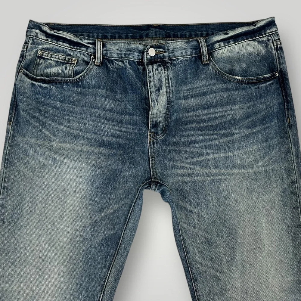 Mnml Jeans Mens 42 (43x34) Blue Medium Wash Tapered‎ Leg Button Fly Faded Denim
